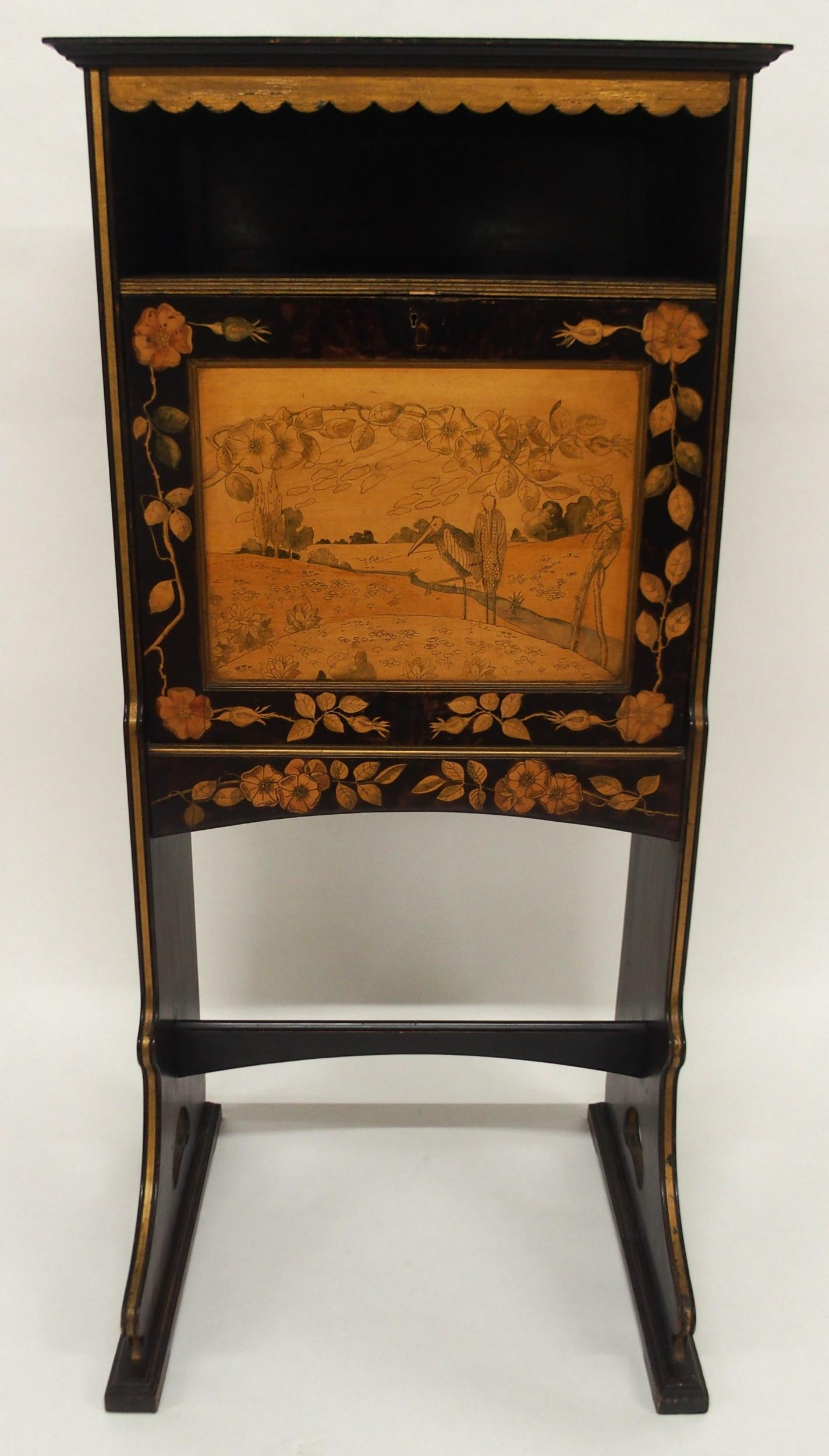 A 19TH CENTURY GERMAN ARTS & CRAFTS EBONISED AND MARQUETRY INLAID SECRETAIRE BUREAU with moulded