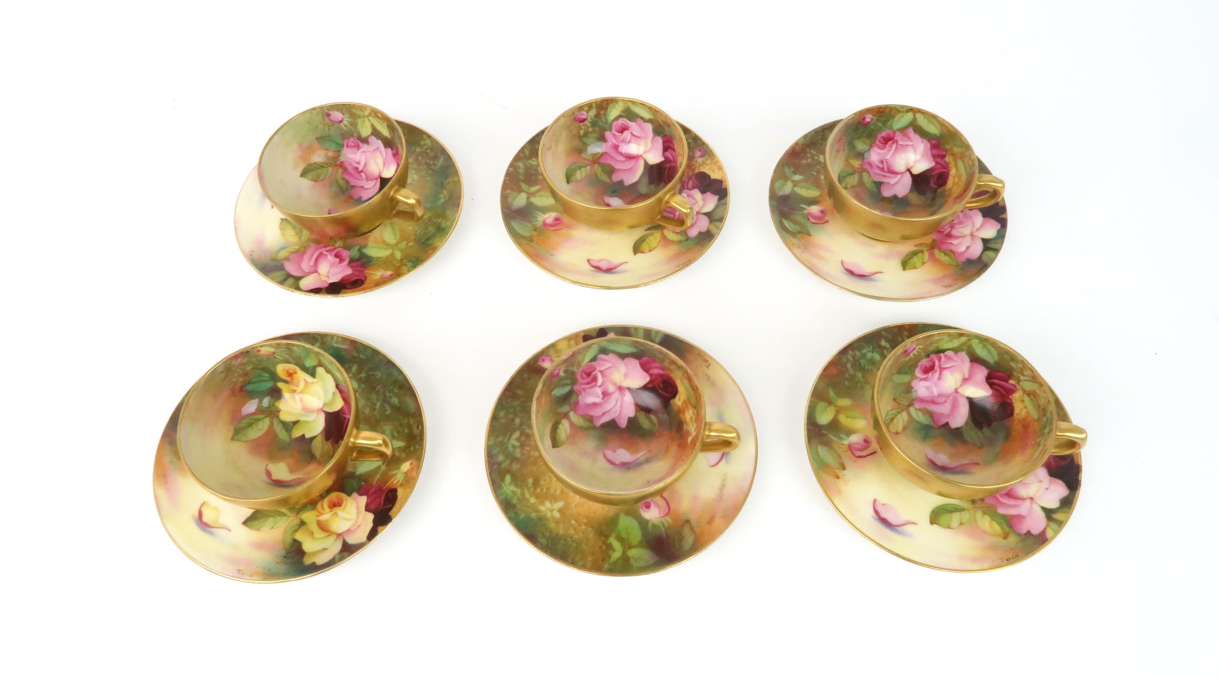 A ROYAL WORCESTER BOXED SET OF SIX DEMITASSE COFFEE CUPS AND SAUCERS each painted with roses in a - Image 2 of 8