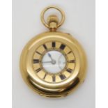 AN 18CT GOLD HALF HUNTER POCKET WATCH with outer case enamelled chapter ring, white enamelled