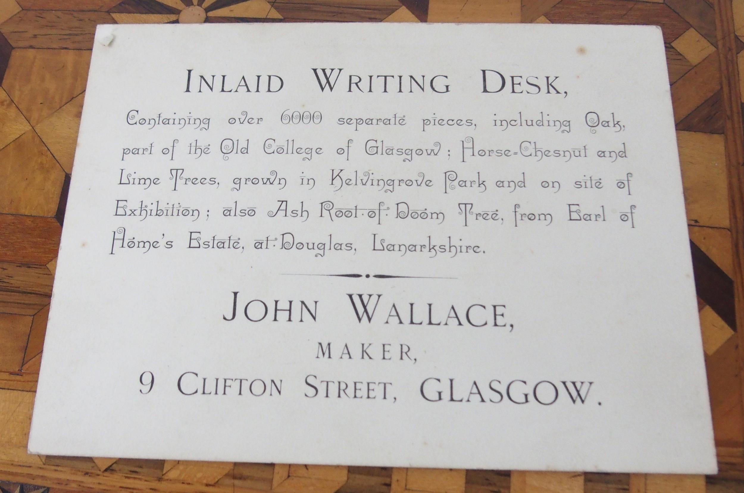 AN INTRICATE PARQUETRY-INLAID SPECIMEN WOOD WRITING SLOPE BY JOHN WALLACE OF GLASGOW With an - Image 10 of 10