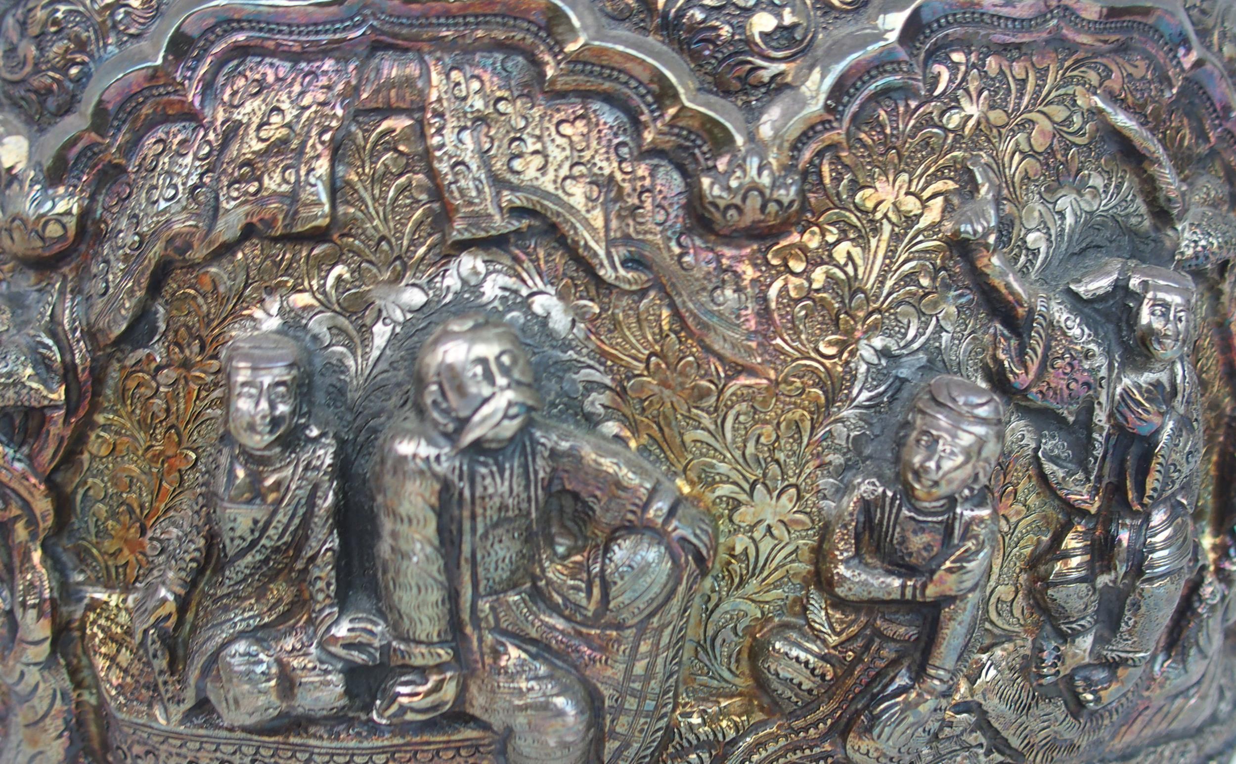 A BURMESE SILVER BOWL of rounded form, with profusely embossed and repousse work of villagers, - Image 6 of 13