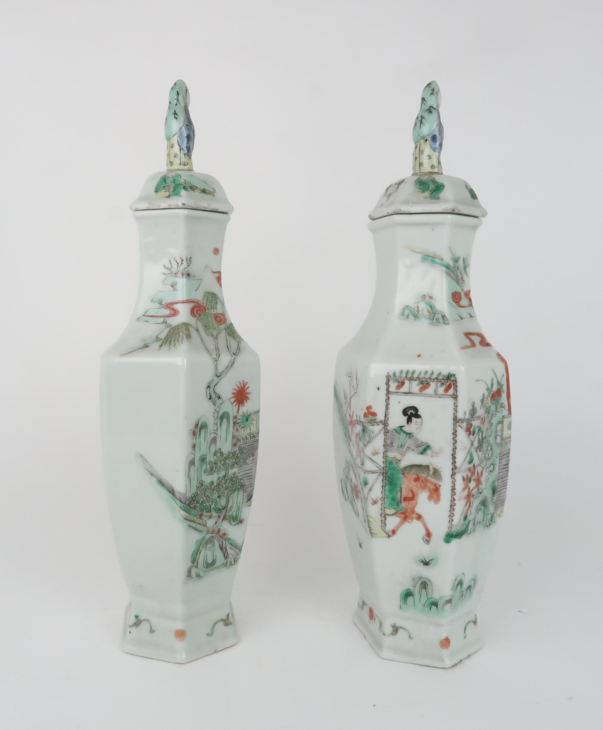 A PAIR OF CANTON HEXAGONAL VASES AND COVERS  painted with horse riders before dignitaries on - Image 4 of 12