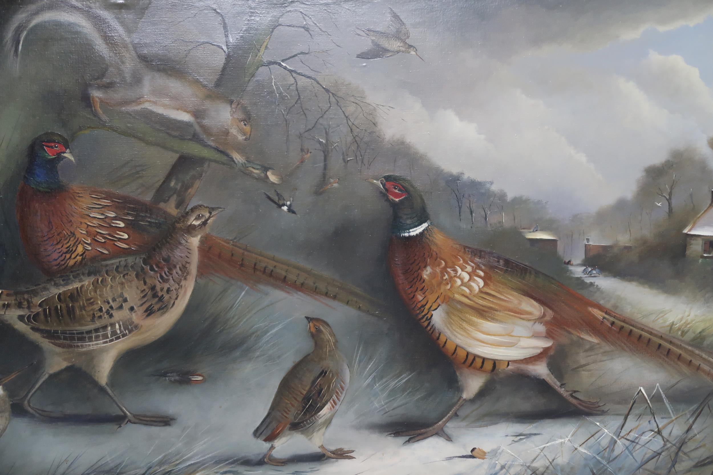 EDWARD HASELL MCCOSH (SCOTTISH b.1949) PHEASANTS, FOWL AND SQUIRREL IN A LANDSCAPE Oil on canvas, - Image 4 of 6