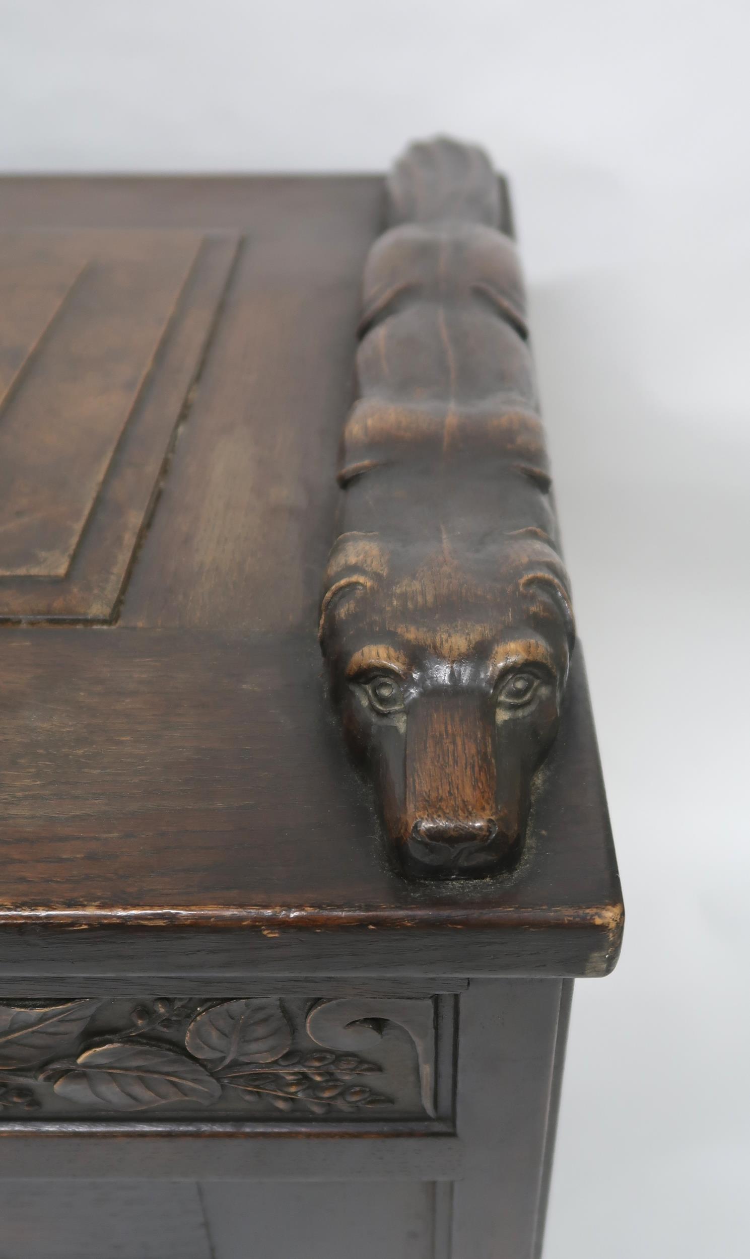 AN ARTS AND CRAFTS OAK AND BURR WALNUT COFFER the three section hinged top carved with foxes and - Image 6 of 16