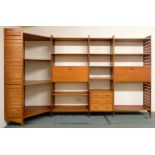 A MID 20TH CENTURY TEAK STAPLES LADDERAX MODULAR SHELVING SYSTEM comprising five panel uprights,