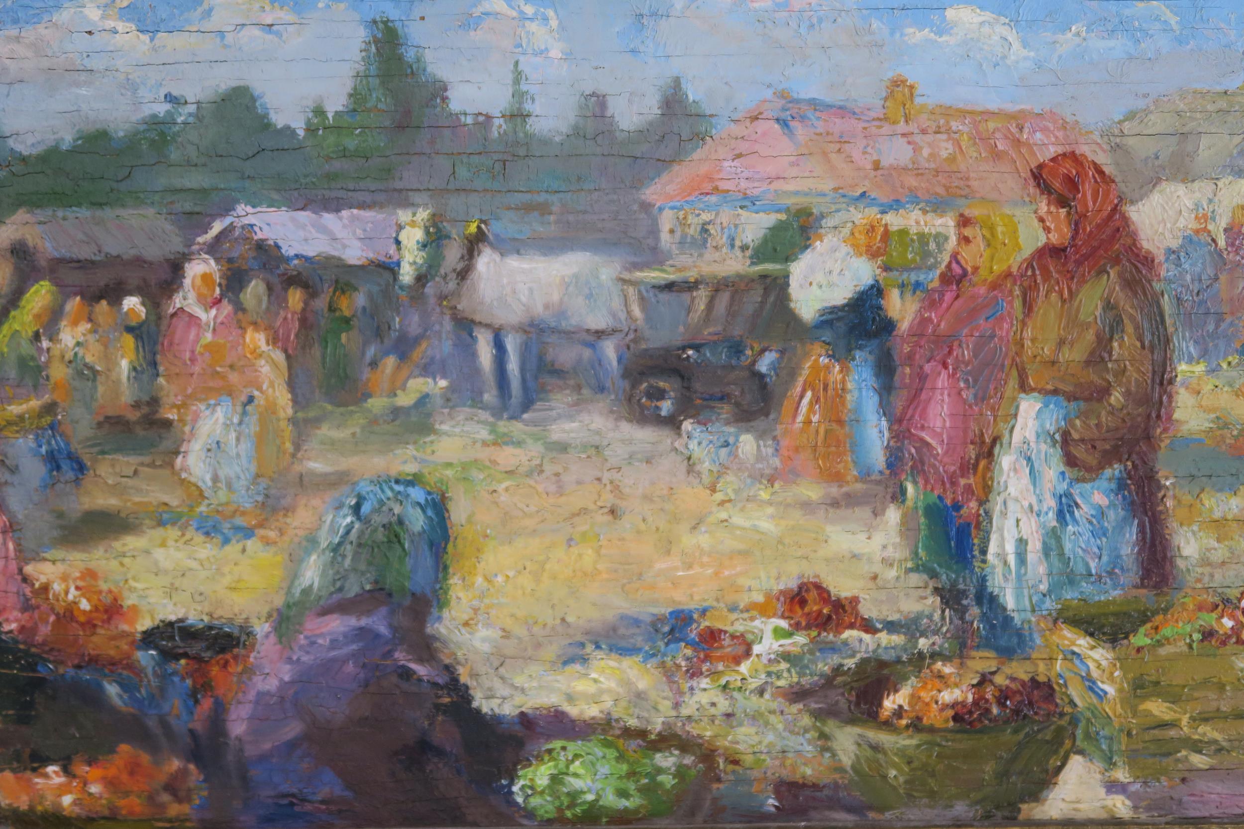 E* E* THE MARKET  Oil on panel, signed indistinctly lower left, 24 x 70cm (9.5 x 27.5") Condition - Image 4 of 9