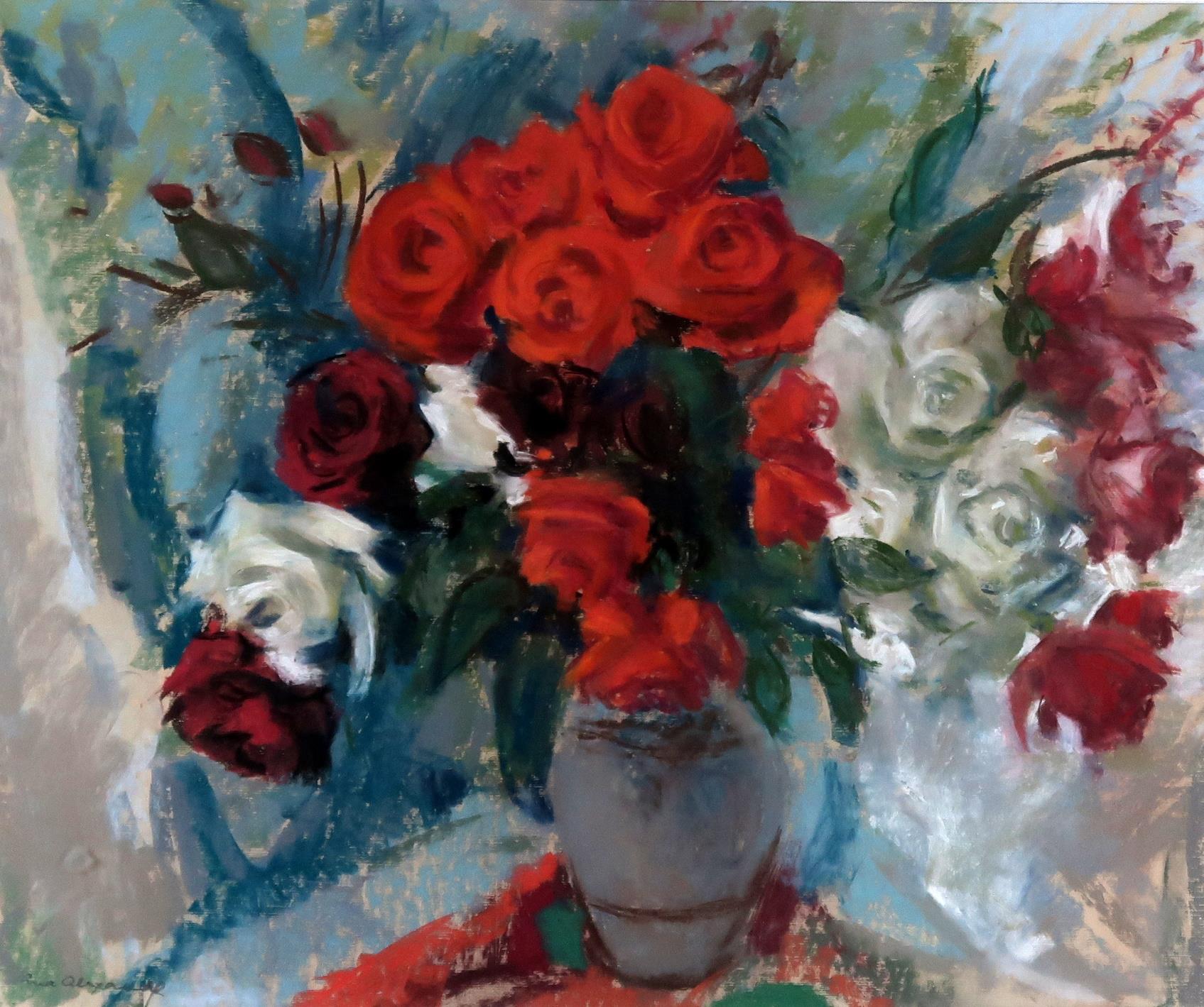 LENA ALEXANDER (SCOTTISH 1899-1983) MIXED ROSES IN A VASE Pastel, signed lower left, 49 x 59cm (19.2