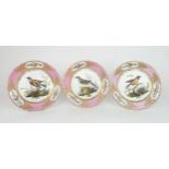 THREE PARIS PORCELAIN ORNITHOLOGICAL PAINTED CABINET PLATES from the Feuillet workshop, each painted