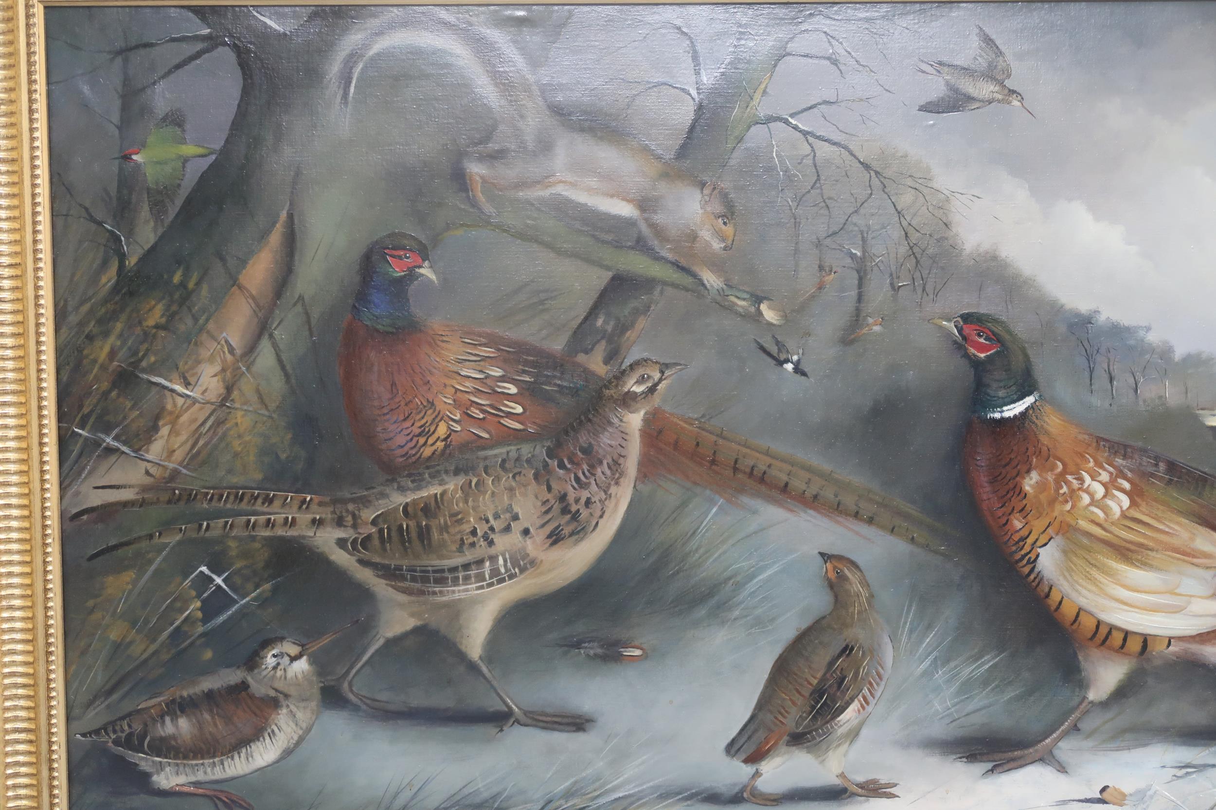 EDWARD HASELL MCCOSH (SCOTTISH b.1949) PHEASANTS, FOWL AND SQUIRREL IN A LANDSCAPE Oil on canvas, - Image 3 of 6