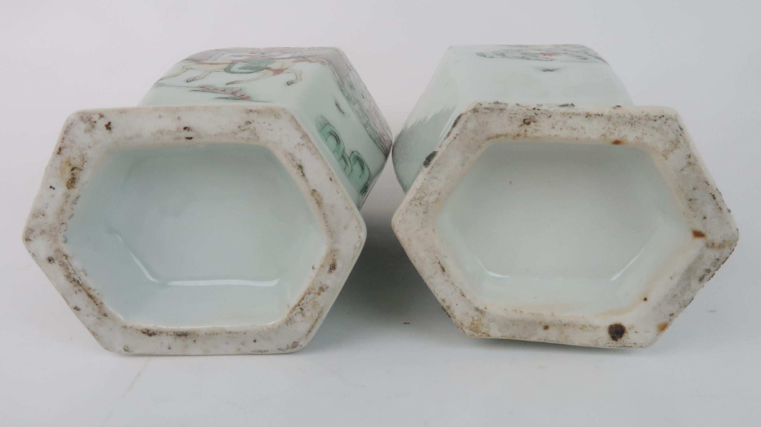 A PAIR OF CANTON HEXAGONAL VASES AND COVERS  painted with horse riders before dignitaries on - Image 11 of 12