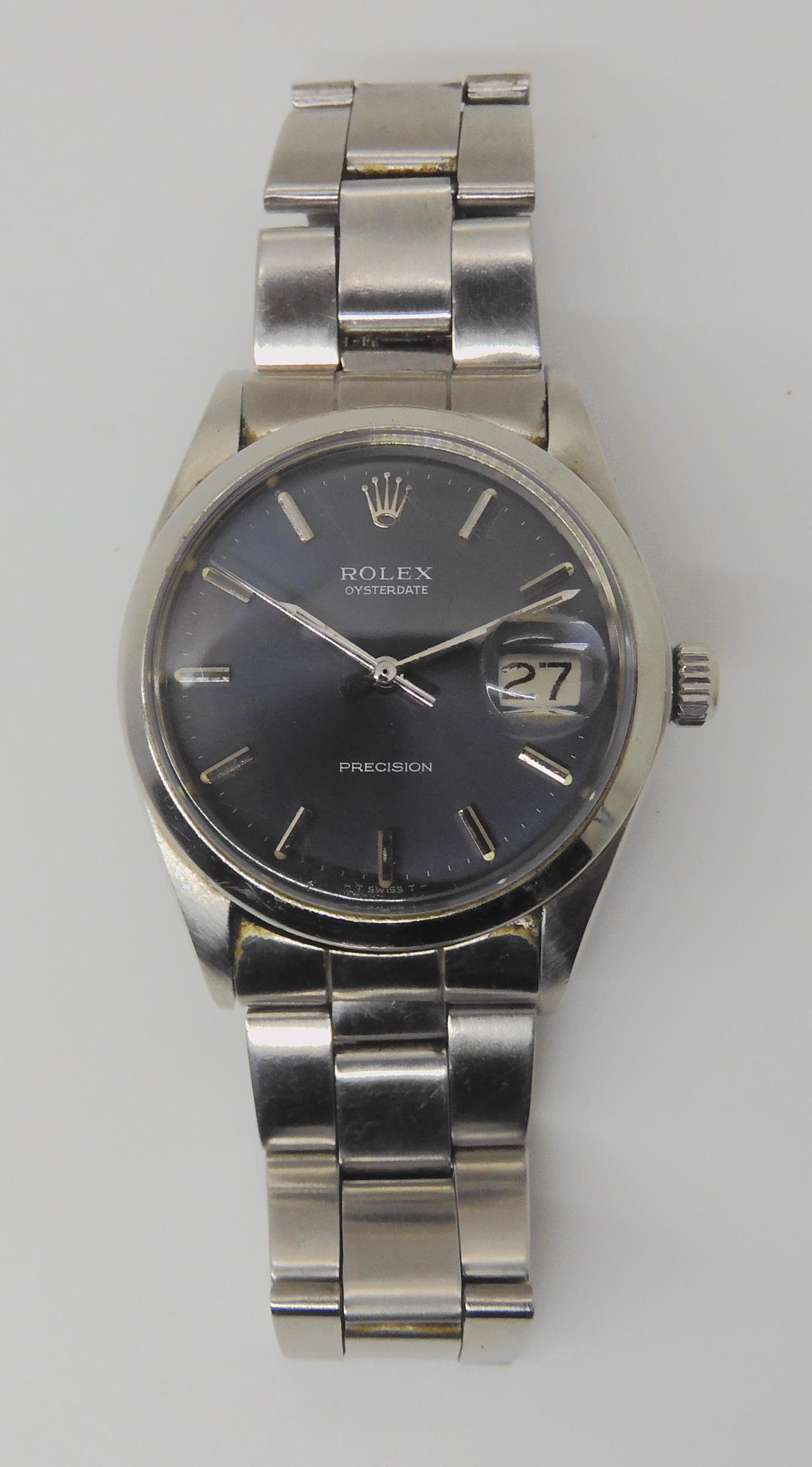 A ROLEX OYSTERDATE PRECISION with dark grey satined dial, silver coloured baton numerals, hands, and - Image 11 of 14