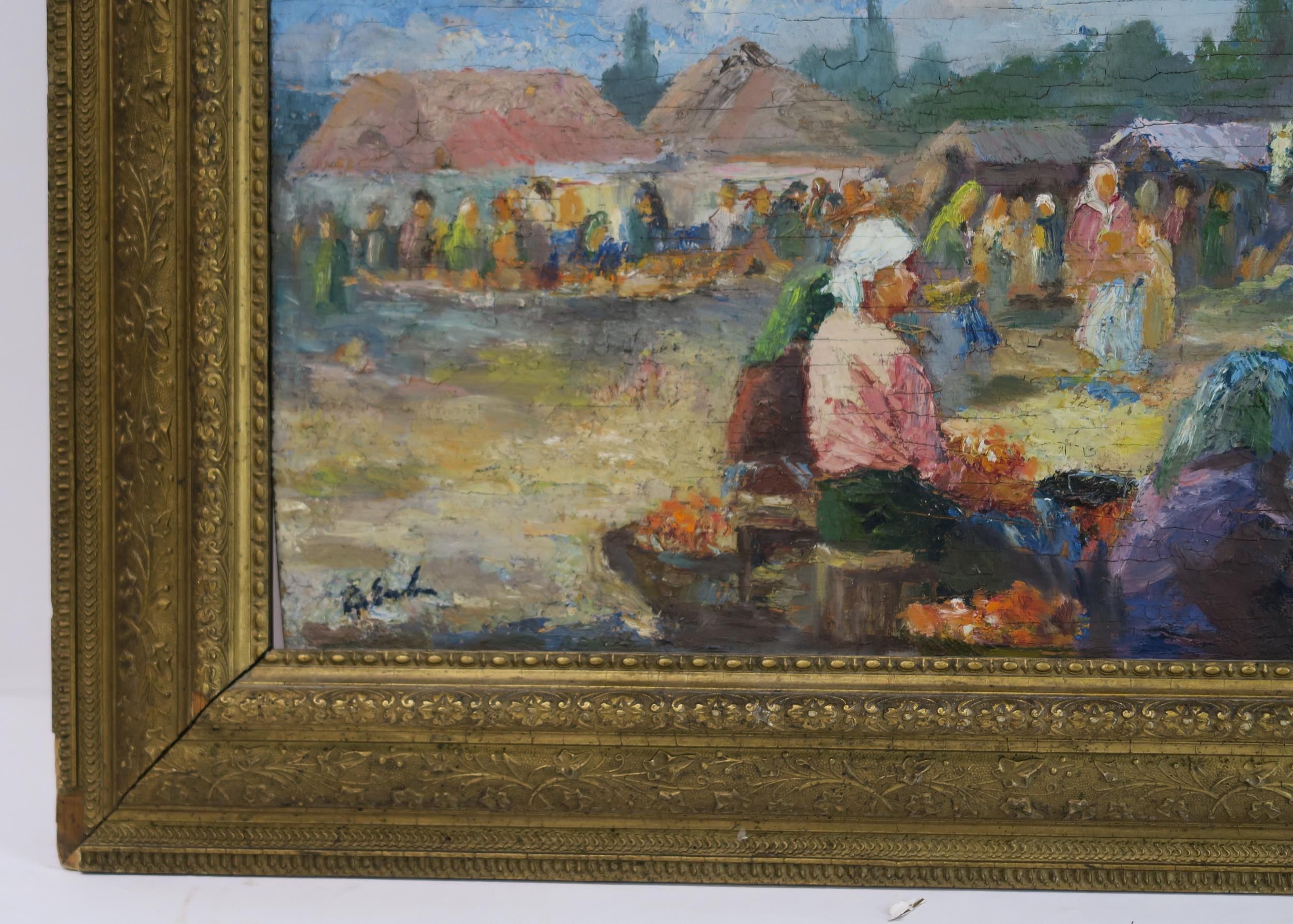 E* E* THE MARKET  Oil on panel, signed indistinctly lower left, 24 x 70cm (9.5 x 27.5") Condition - Image 3 of 9