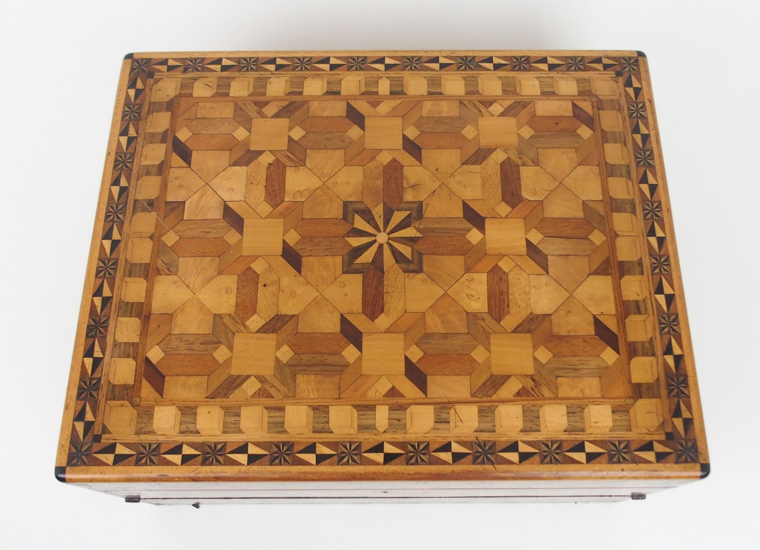 AN INTRICATE PARQUETRY-INLAID SPECIMEN WOOD WRITING SLOPE BY JOHN WALLACE OF GLASGOW With an - Image 3 of 10