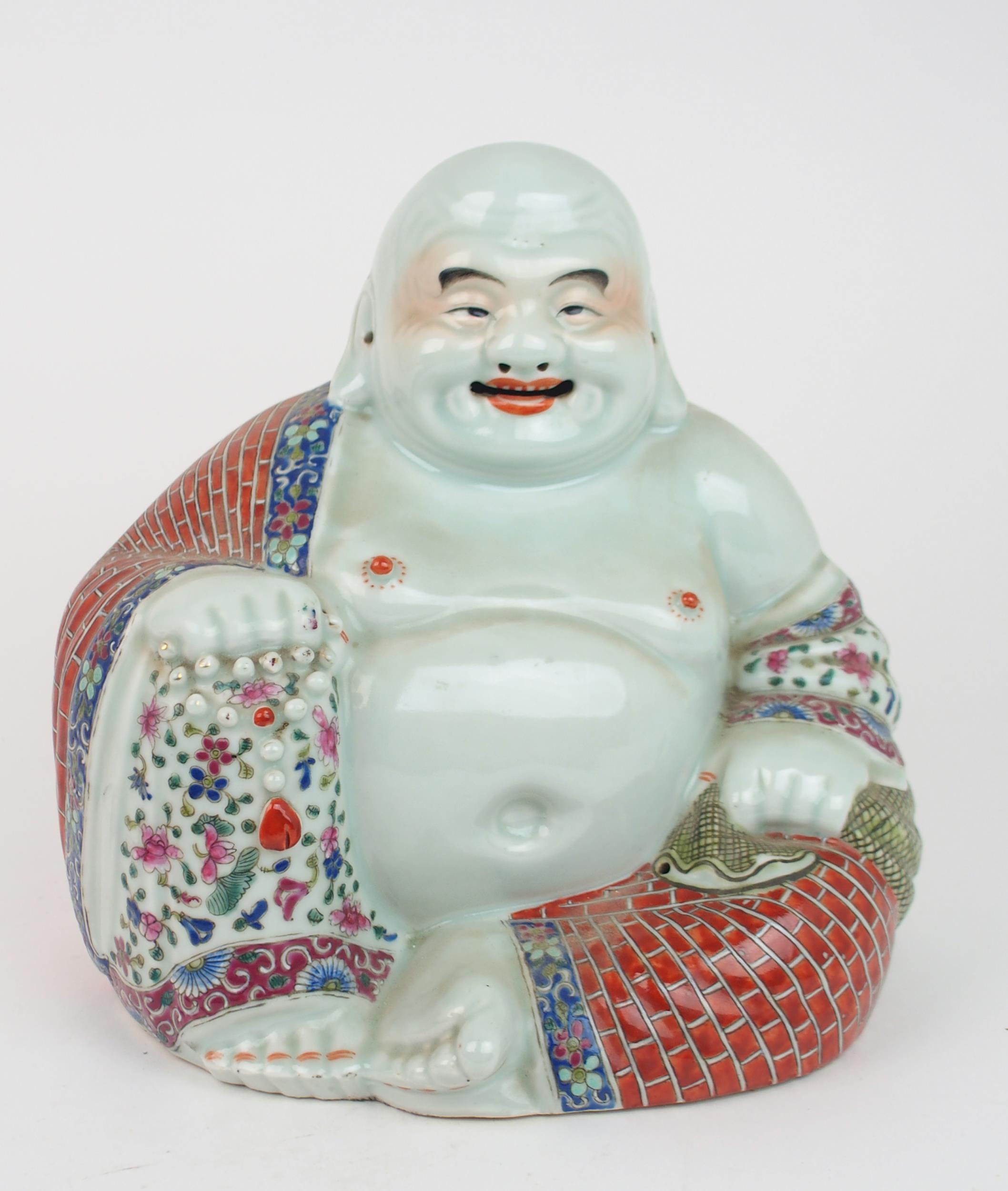 A CHINESE MODEL OF BUDDHA  seated with rosary beads and patterned costume, on a wooden stand, - Image 5 of 9