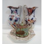 A Chinese teapot, two Victorian jugs and a Victorian transfer printed plate Condition Report: