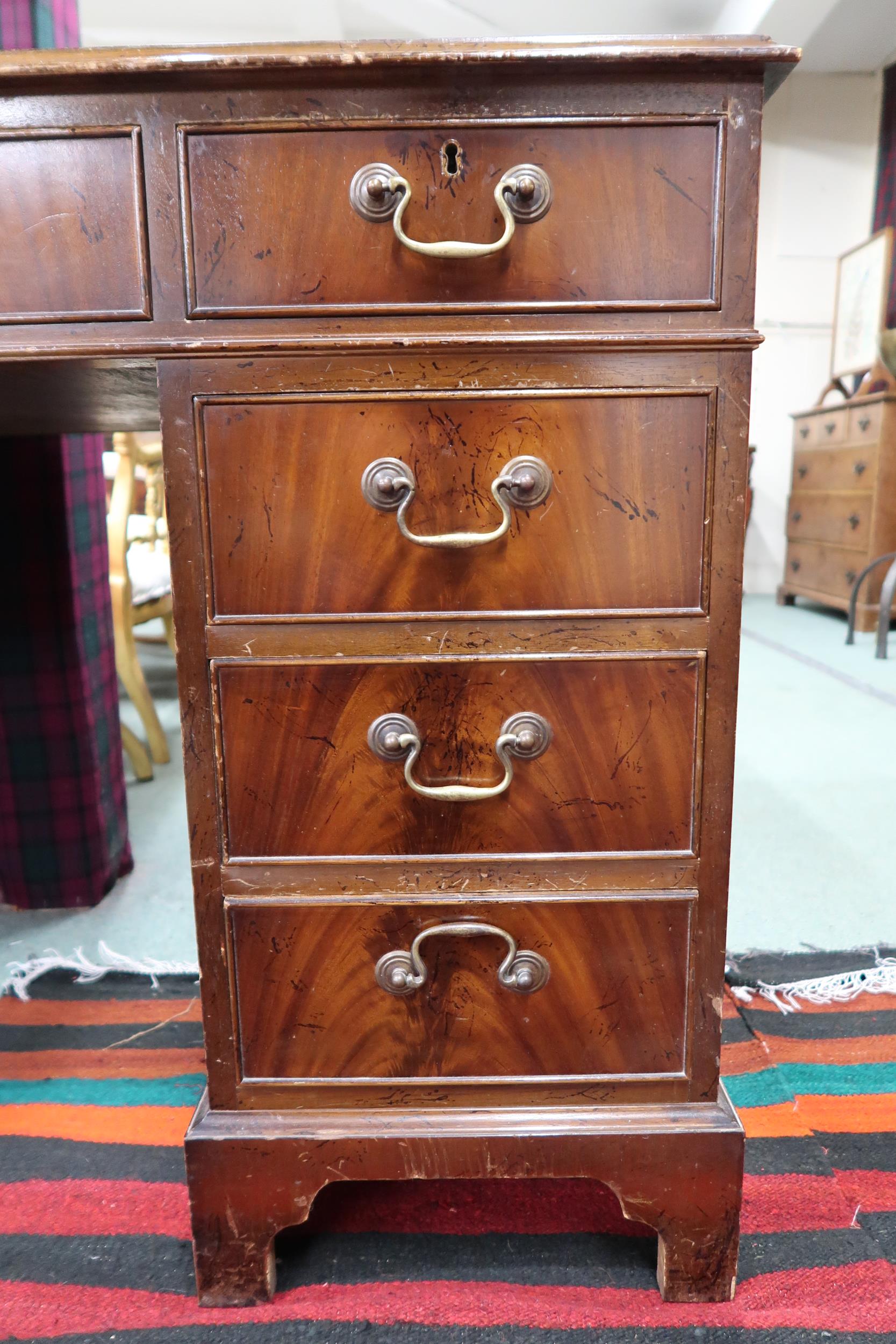 A 20th century mahogany pedestal writing desk with green leather skiver over single drawer flanked - Image 3 of 3