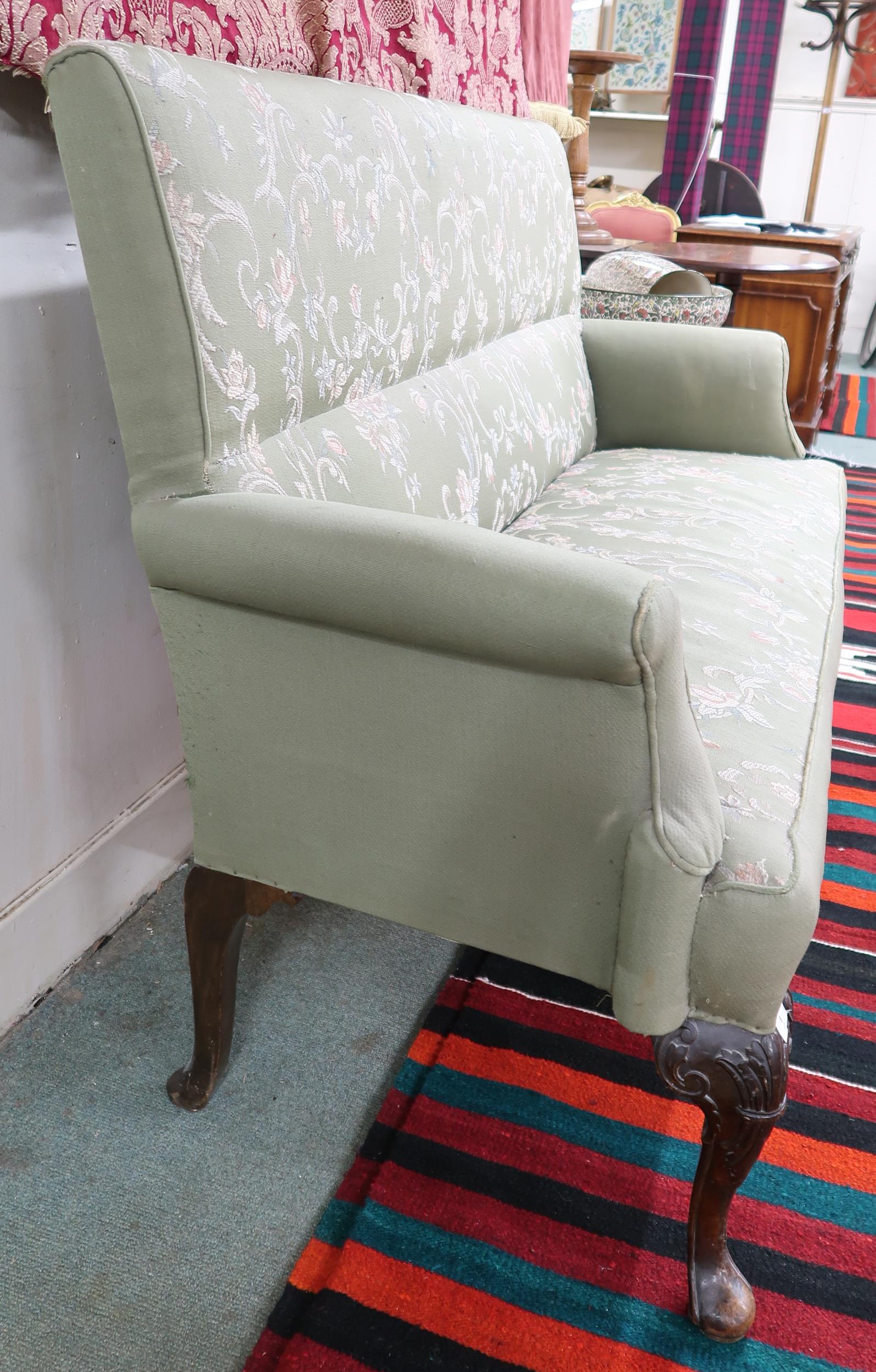 An early 20th century mahogany green floral tapestry upholstered settee on mahogany cabriole - Image 4 of 4