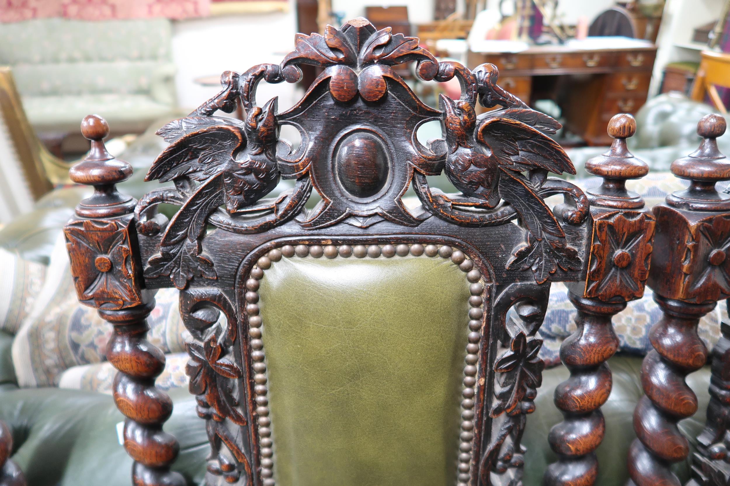 A set of eight Victorian barley twist dining chairs with green leather upholstery to include two - Image 5 of 7