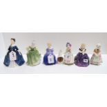 Six Royal Doulton figures of children and a Royal Worcester candlesnuffer in the form of an owl with