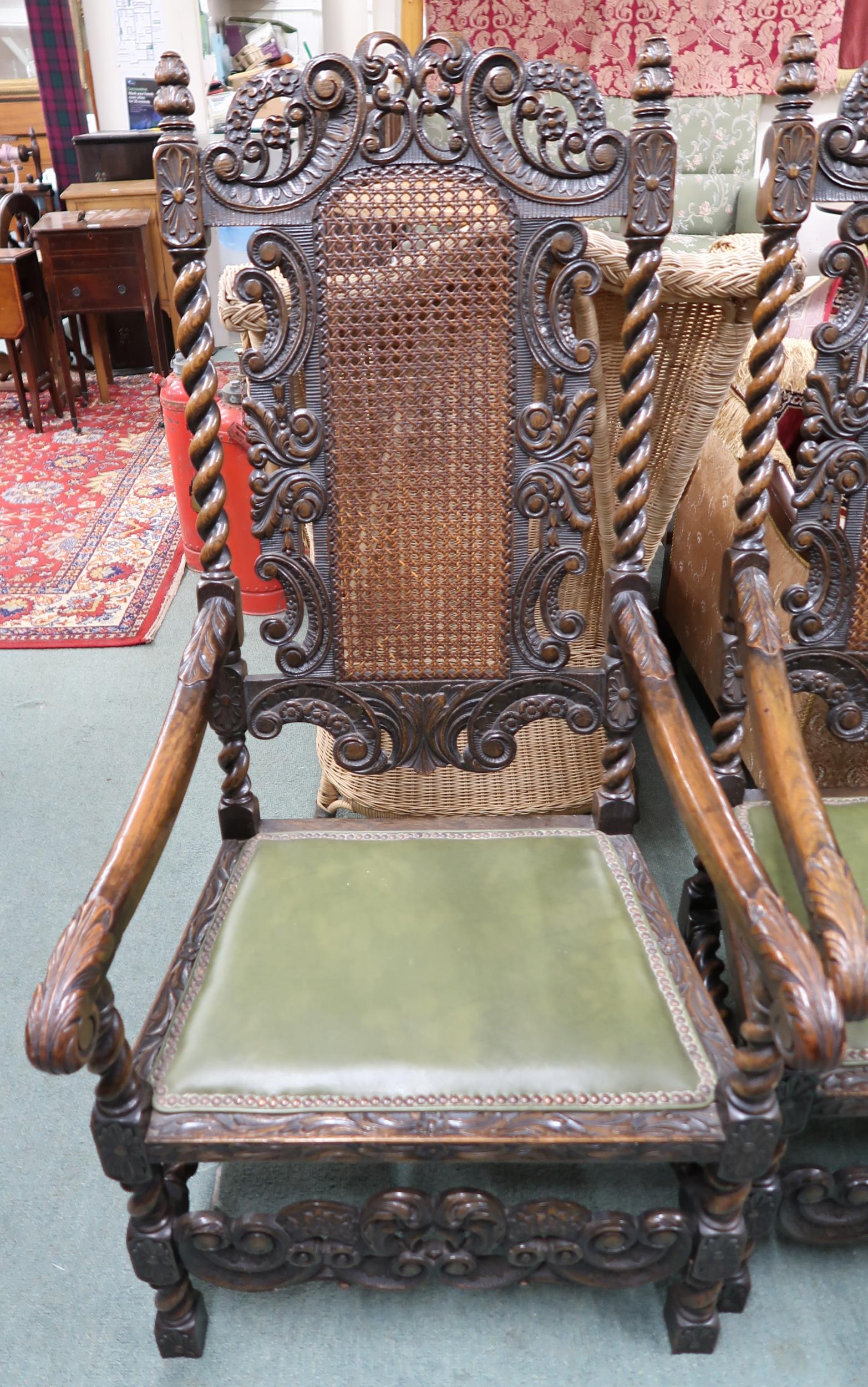 A set of eight Victorian barley twist dining chairs with green leather upholstery to include two - Image 2 of 7