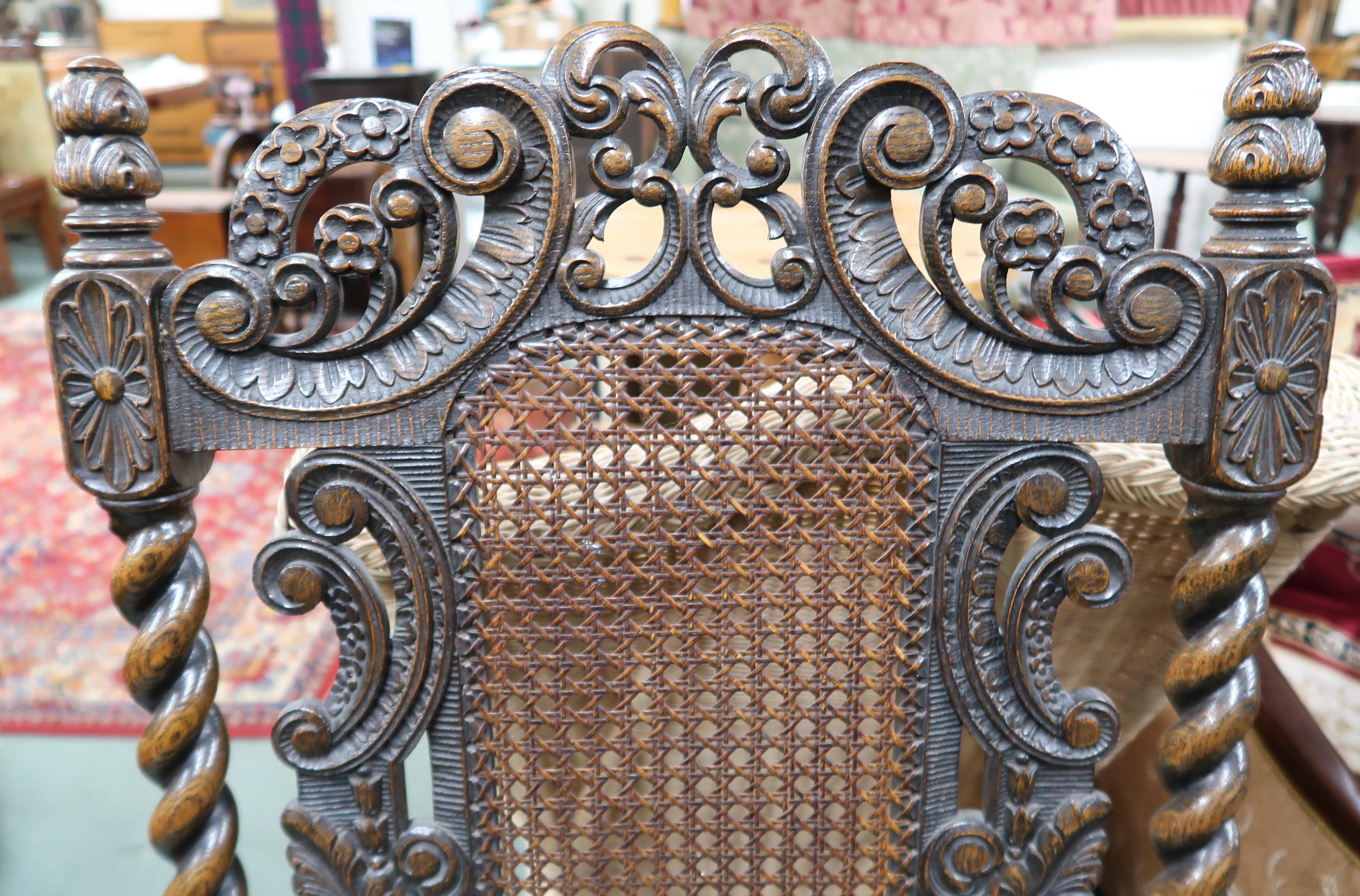 A set of eight Victorian barley twist dining chairs with green leather upholstery to include two - Image 3 of 7