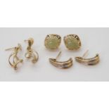 A pair of 9ct gold diamond set creole earrings, a pair set with jade and a further twist pattern