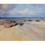 VIVIENNE POOLEY Sand Sea and Sky at Sanna, signed, oil on board, 50 x 61cm Condition Report: