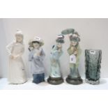 Three Lladro figures, a Nao figure and a Geoffrey Baxter for Whitefriars smoke grey bark texture