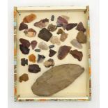 A collection of Native North American flint arrowheads and a spearhead  Condition Report:Available