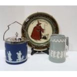 A Royal Doulton plate depicting a witch by a cauldron, a Copeland Late Spode jasperware jug and a