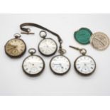 Five silver cased pocket watches in various states of repair, the best a Stewart Dawson & Co