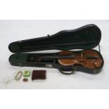 A two piece back violin 35.5cm together with two bows and a case  Condition Report:Available upon