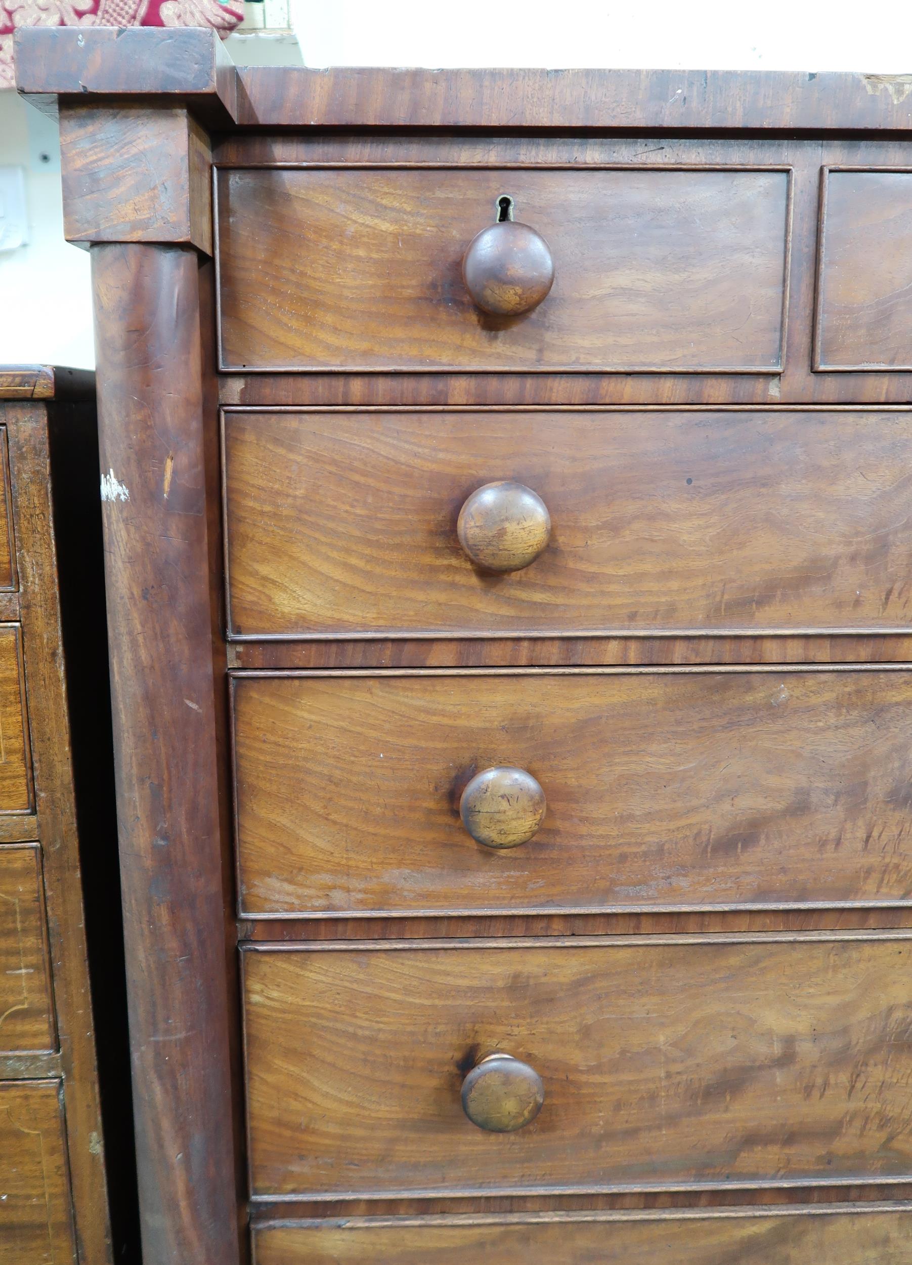 A Victorian mahogany chest of drawers with three short over four long drawers flanked by columns - Image 2 of 4