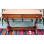 A Victorian mahogany two drawer hall table on lyre shaped supports joined by low tier shelf, 74cm