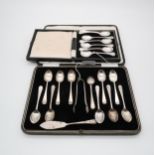 A cased set of Hanoverian shell pattern silver tea spoons and sugar tongs, by Cooper Brothers &