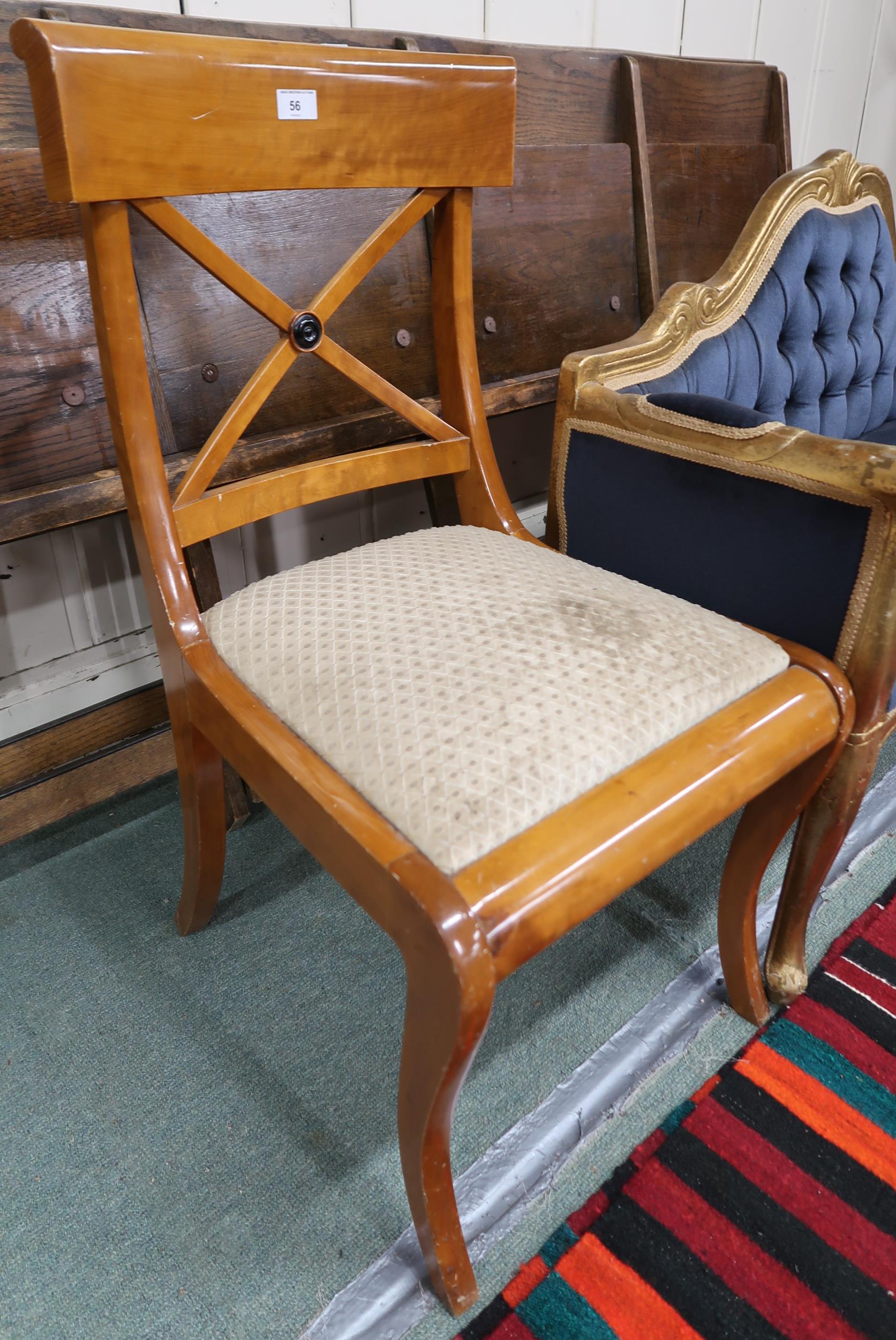 A 20th century gilt framed window seat with blue button back upholstery and a sabre leg dining chair - Image 2 of 3