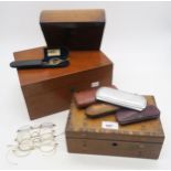 A small rosewood dome-top tea caddy, silk-lined oak sewing box and a Tunbridge ware stationary box