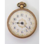 An 18k gold open face fob watch with decorative enamelled dial, diameter 3.3cm, weight 27.2gms