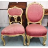 A 19th century gilt framed parlour chair with scrolled front supports, 97cm high and another gilt