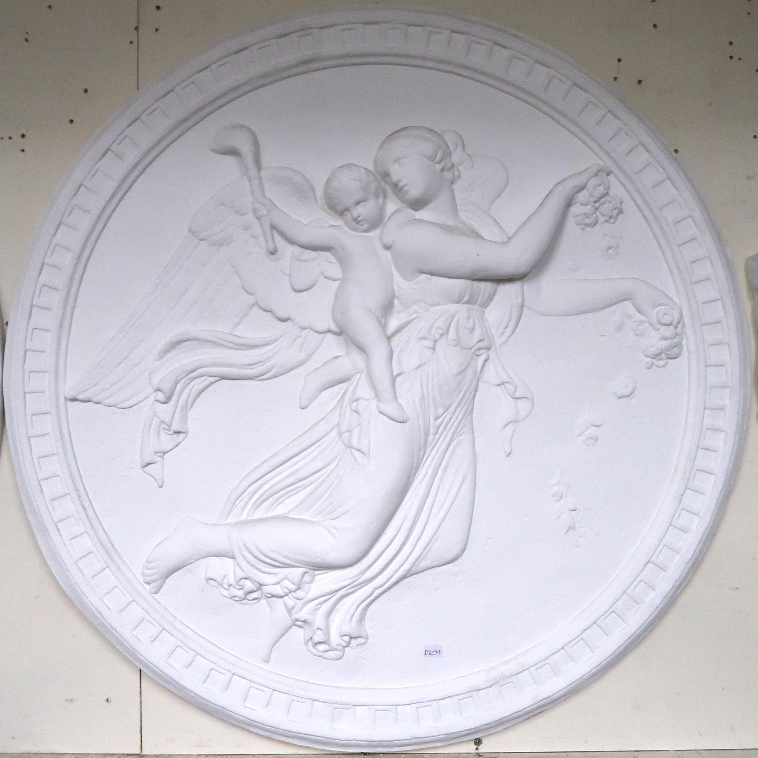 A pair of circular plaster wall plaques depicting angels in flight, 92cm diameter and another - Image 3 of 4