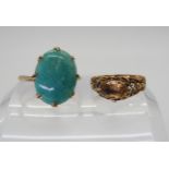 A vintage yellow metal citrine ring size L, together with a 9ct gold green gem set ring, size N1/