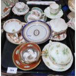 A collection of assorted cups and saucers including Aynsley butterfly handled cup with saucer, a