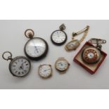 Three 9ct gold cased ladies vintage watch heads, one with a gold plated strap, weight all together
