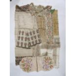 Finely stitched table runners, other needlework, a silk kimono, paisley shawls, table linen etc