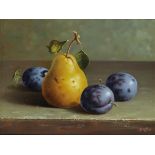 BLAIZE WANYI  STILL LIFE WITH PEARS AND PLUME Oil on board, signed lower right, dated (20)07, 18 x