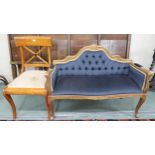 A 20th century gilt framed window seat with blue button back upholstery and a sabre leg dining chair