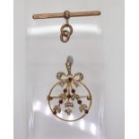 A 9ct gold pearl and red gem set pendant brooch with removable pendant bail, together with a 9ct