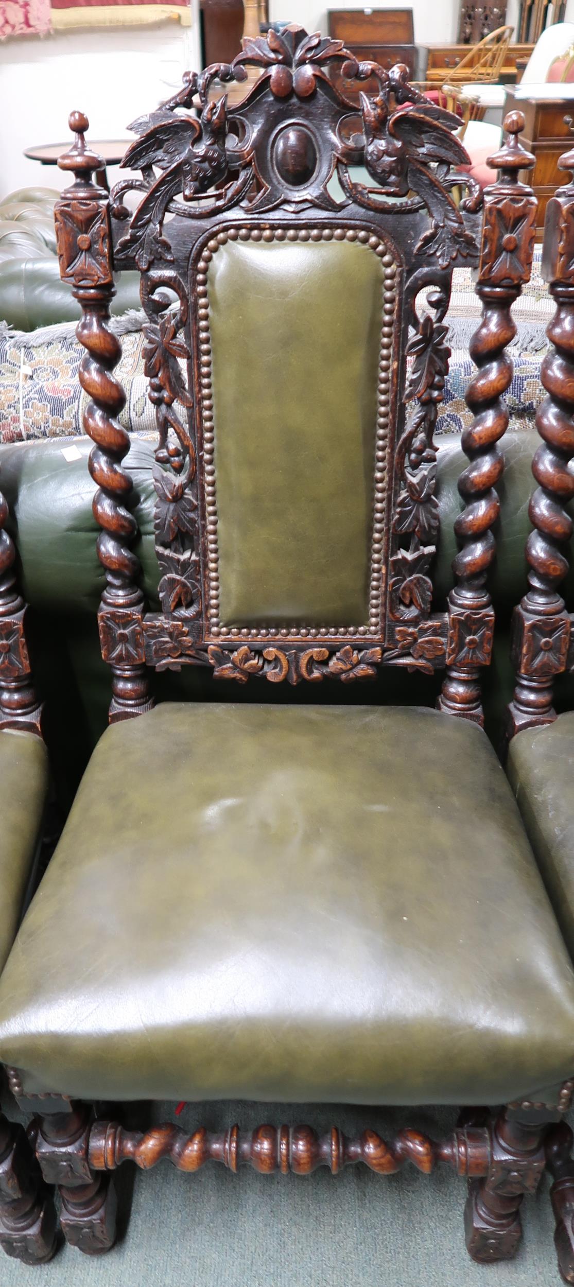 A set of eight Victorian barley twist dining chairs with green leather upholstery to include two - Image 4 of 7