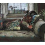 JOHN MACKIE (SCOTTISH b.1953) CAT ON THE SOFA Pastel on paper, signed lower right and left, dated (