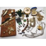 A collection of vintage costume jewellery and watches, to include a Miracle scarf ring, Marcasite